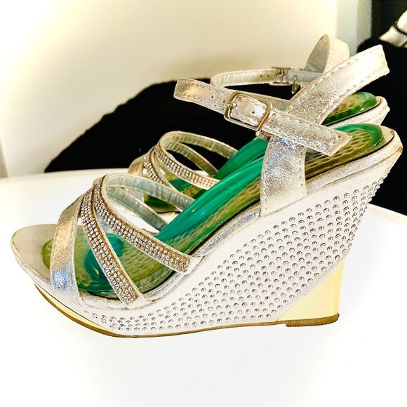 Silver Strap Dressy/Formal Rhinestone Sandal with Wedge Gold Heel and Peep Toe - Picture 1 of 7